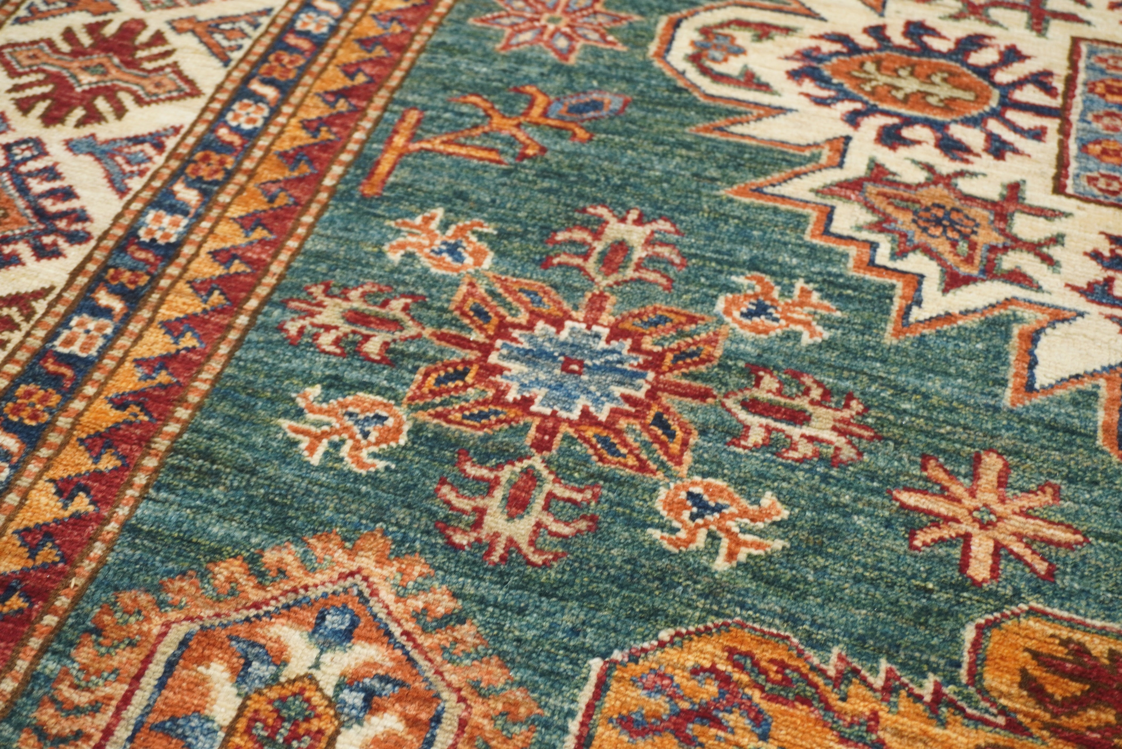 6x8 Green Afghan Kazak Hand-Knotted Wool geometric Rug - Yildiz Rugs