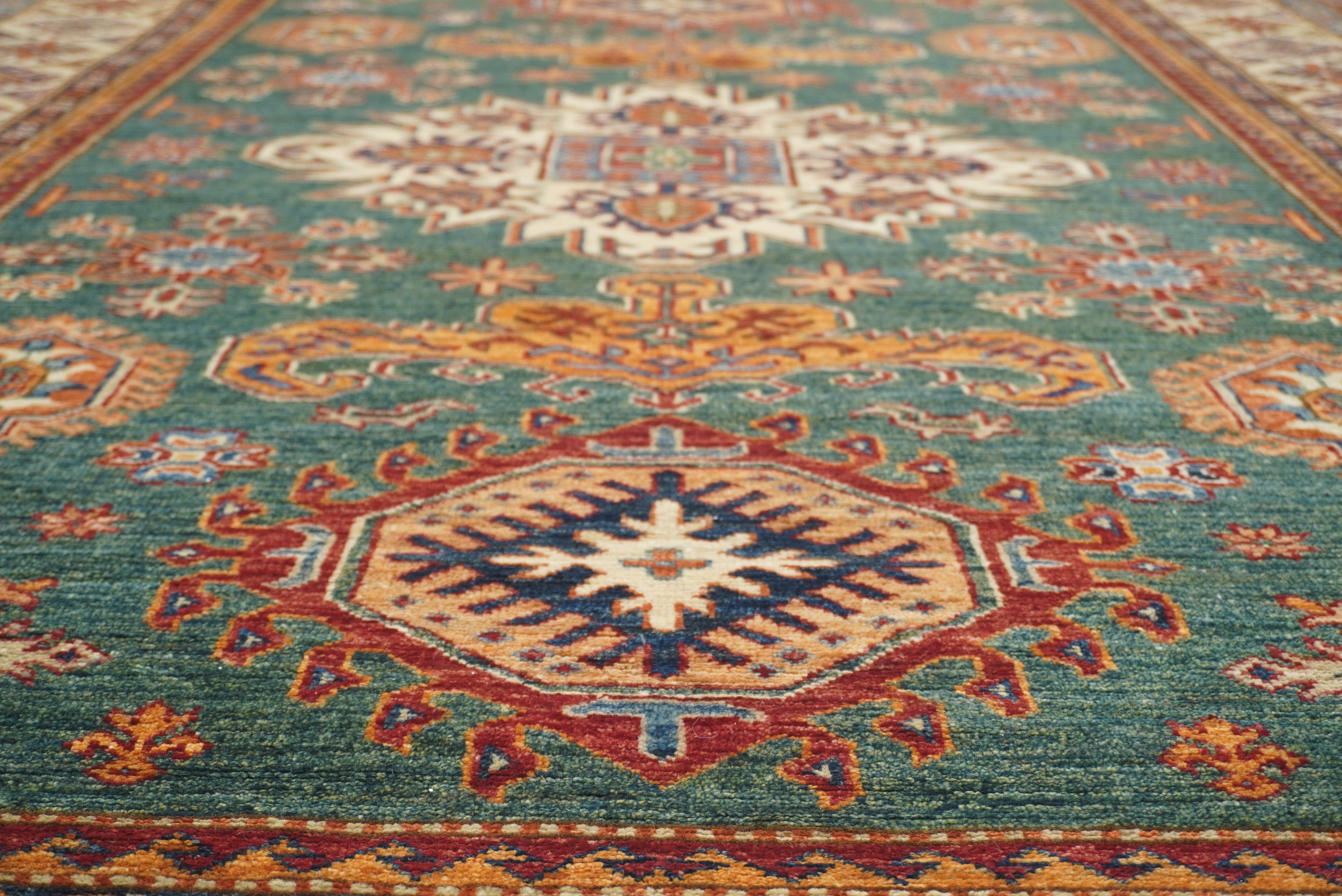 6x8 Green Afghan Kazak Hand-Knotted Wool geometric Rug - Yildiz Rugs