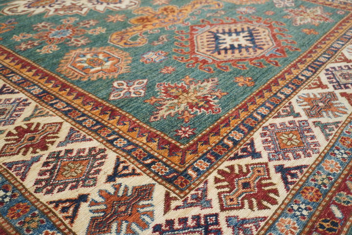 6x8 Green Afghan Kazak Hand-Knotted Wool geometric Rug - Yildiz Rugs