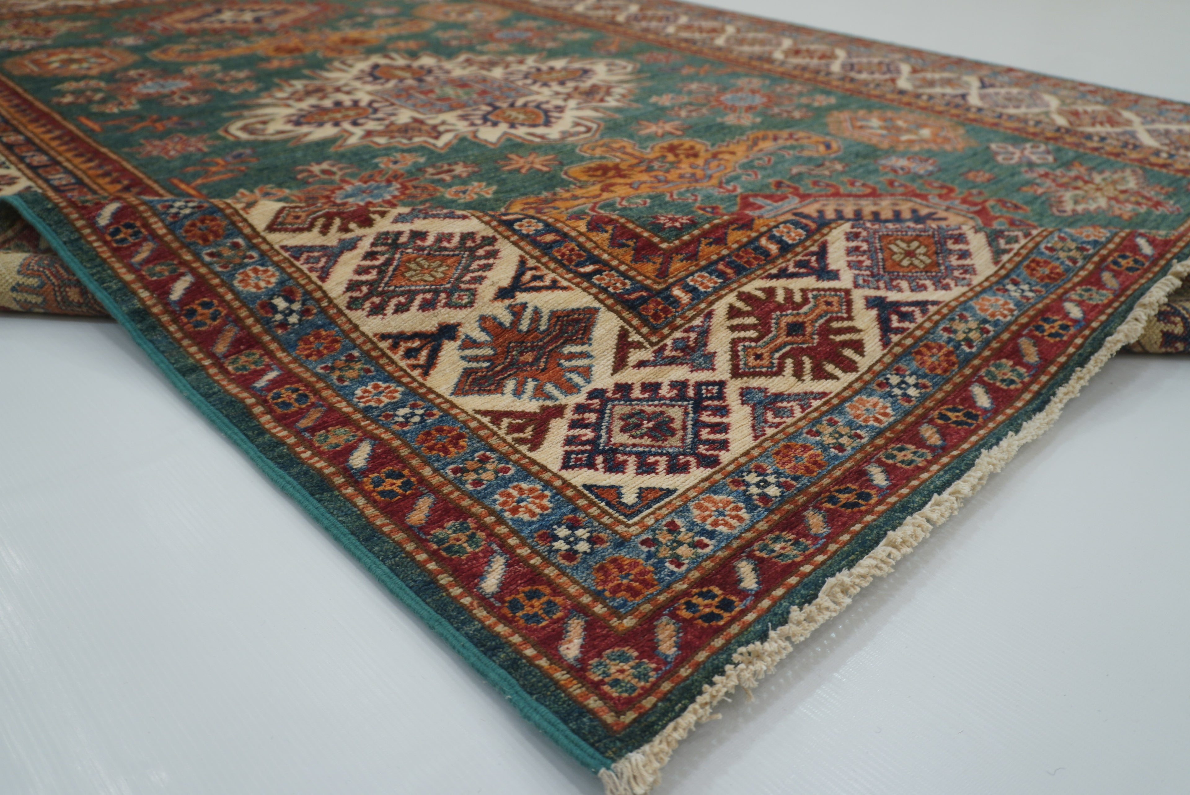 6x8 Green Afghan Kazak Hand-Knotted Wool geometric Rug - Yildiz Rugs