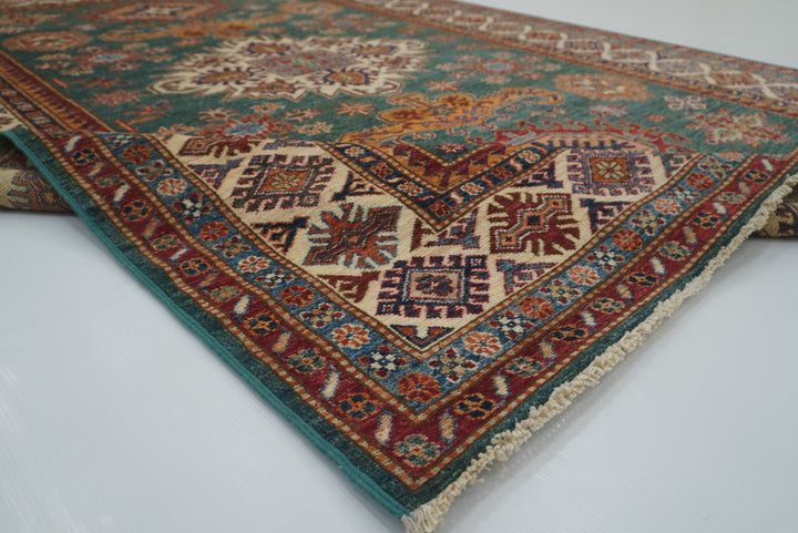 6x8 Green Afghan Kazak Hand-Knotted Wool geometric Rug - Yildiz Rugs