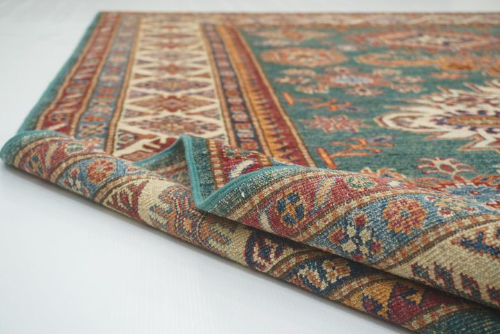 6x8 Green Afghan Kazak Hand-Knotted Wool geometric Rug - Yildiz Rugs