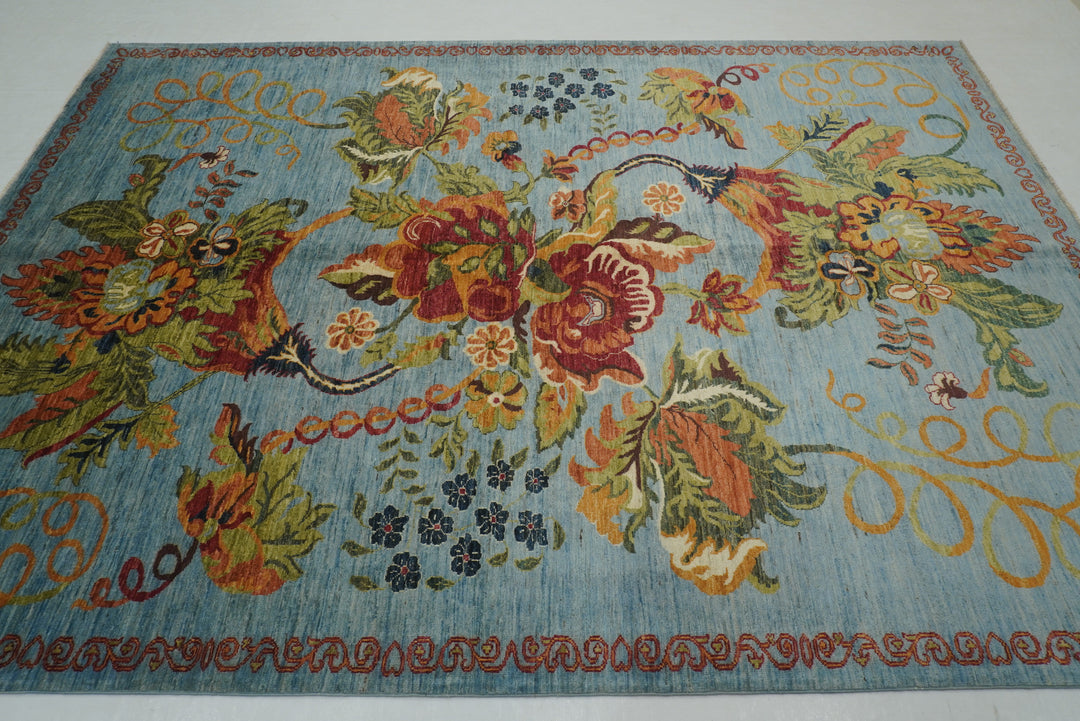 7x10 Blue Floral Karabagh Afghan Hand Knotted Rug