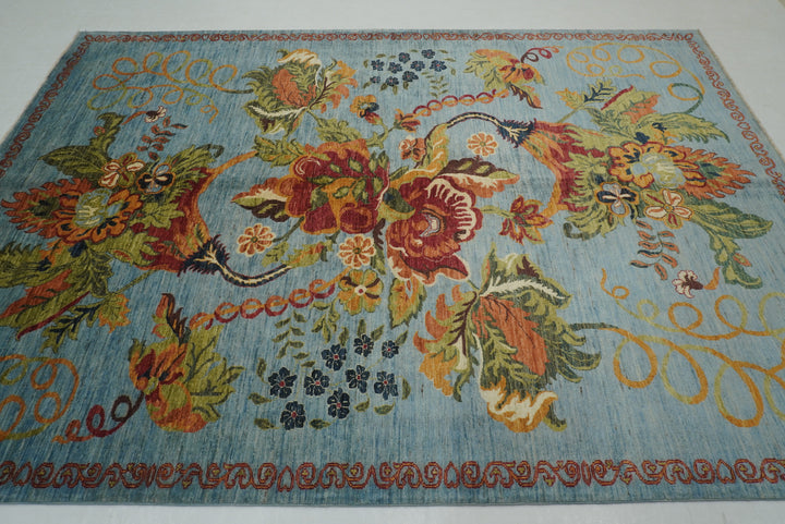 7x10 Blue Floral Karabagh Afghan Hand Knotted Rug