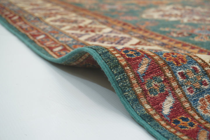 6x8 Green Afghan Kazak Hand-Knotted Wool geometric Rug - Yildiz Rugs