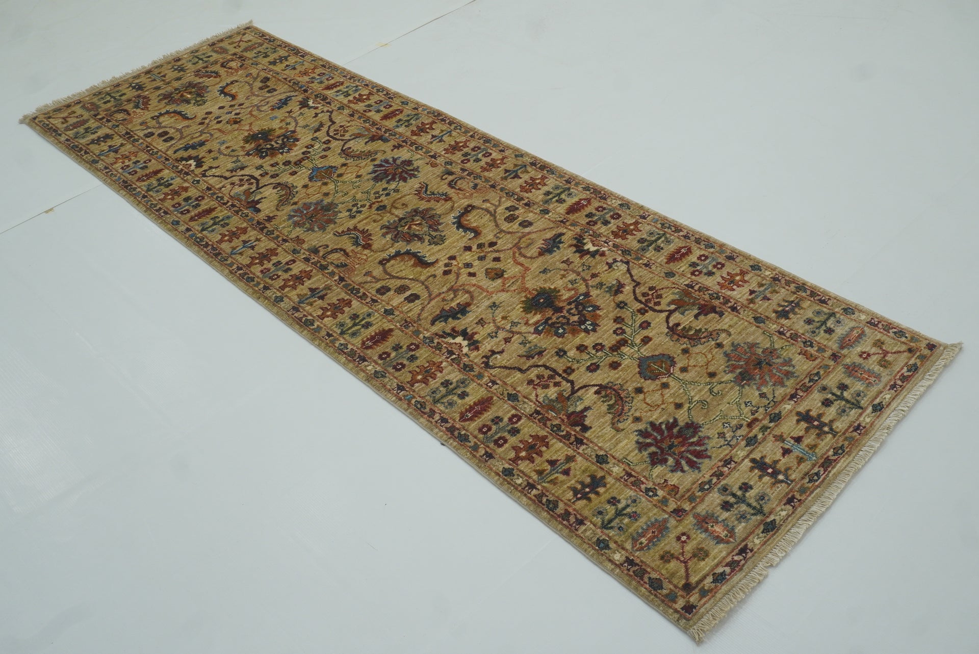 8 ft Waziri Beige Afghan Hand-Knotted Wool Runner Rug - Yildiz Rugs