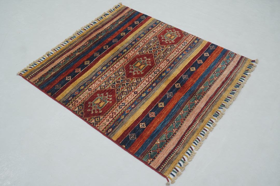 3'3x3'6 Tribal Multicolor Afghan Hand knotted Square Rug