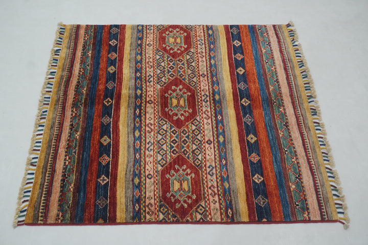 3'3x3'6 Tribal Multicolor Afghan Hand knotted Square Rug