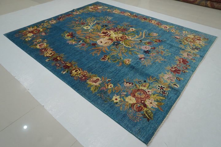 8x10 Blue Floral Karabagh Afghan Hand Knotted Rug