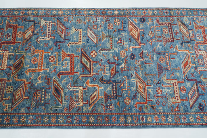 10 ft Blue Gabbeh Afghan Hand-Knotted Wool Runner Rug - Yildiz Rugs
