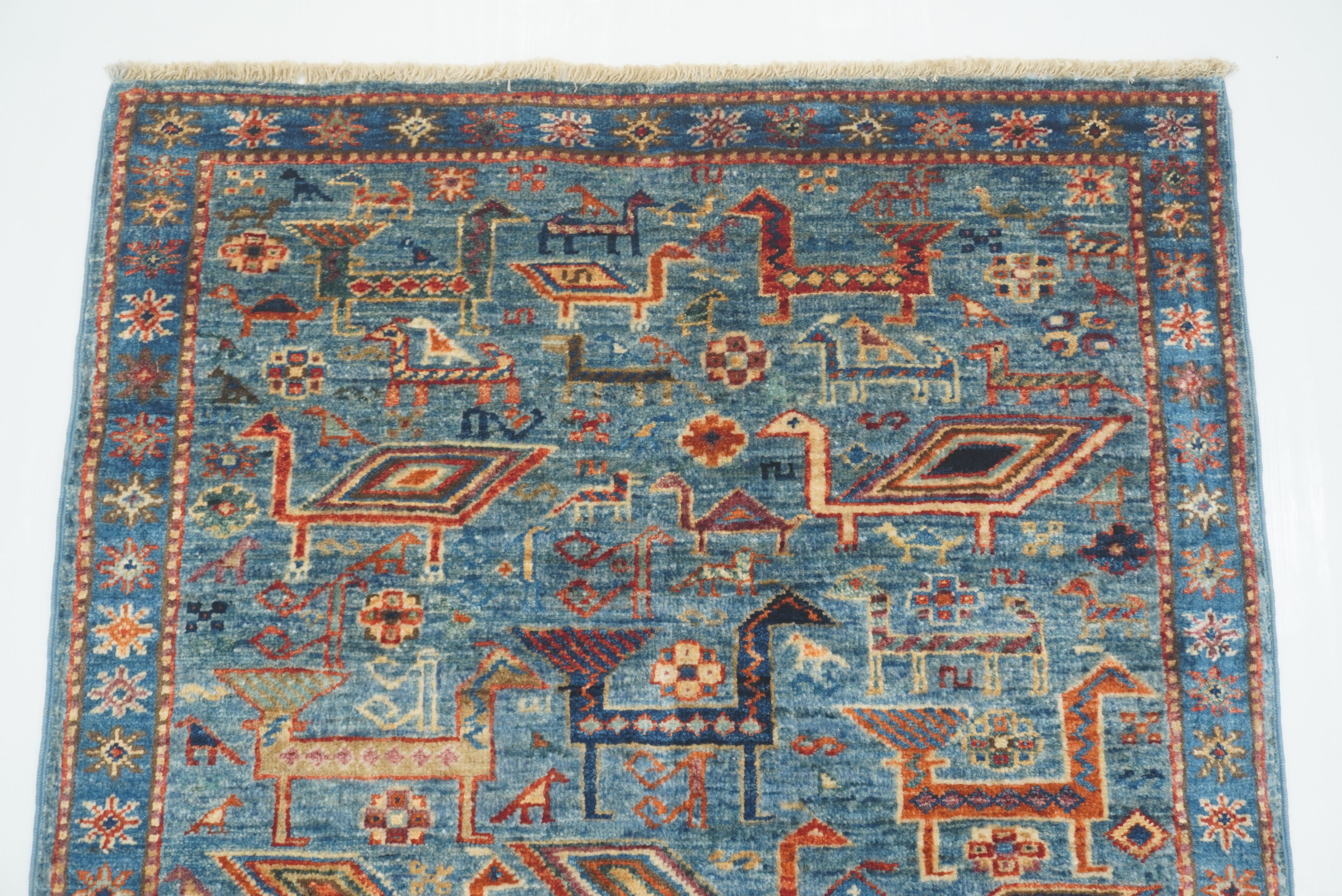 10 ft Blue Gabbeh Afghan Hand-Knotted Wool Runner Rug - Yildiz Rugs