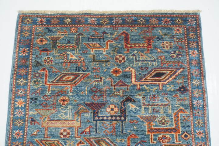 10 ft Blue Gabbeh Afghan Hand-Knotted Wool Runner Rug - Yildiz Rugs