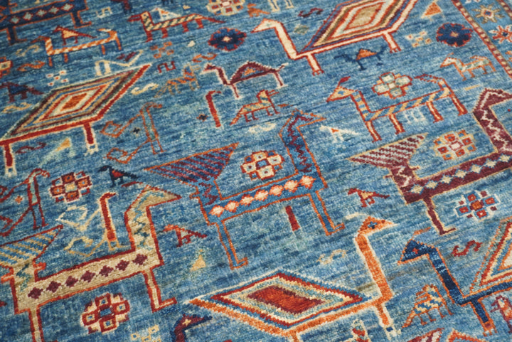 10 ft Blue Gabbeh Afghan Hand-Knotted Wool Runner Rug - Yildiz Rugs