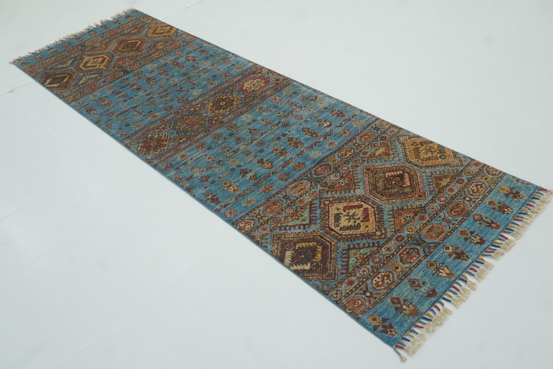 8 ft Blue Khorjin Afghan Hand Knotted Wool Runner Rug - Yildiz Rugs