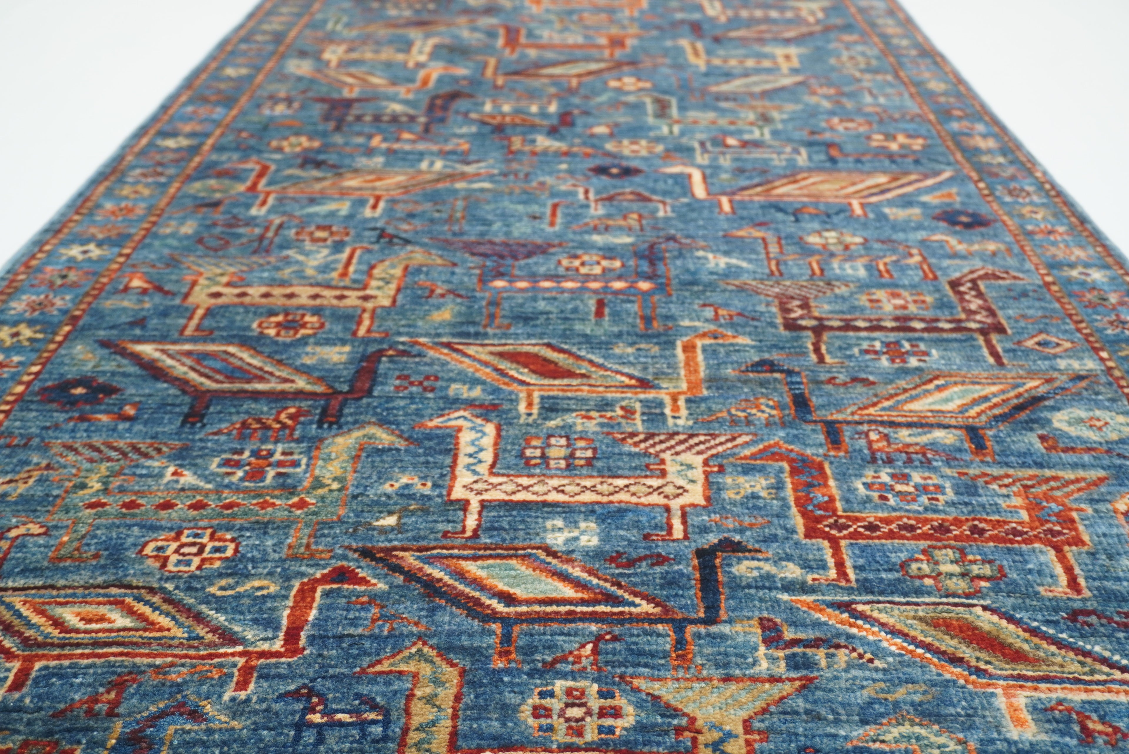 10 ft Blue Gabbeh Afghan Hand-Knotted Wool Runner Rug - Yildiz Rugs