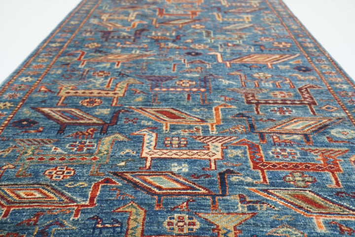 10 ft Blue Gabbeh Afghan Hand-Knotted Wool Runner Rug - Yildiz Rugs