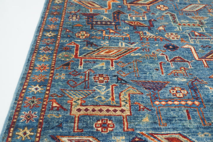 10 ft Blue Gabbeh Afghan Hand-Knotted Wool Runner Rug - Yildiz Rugs