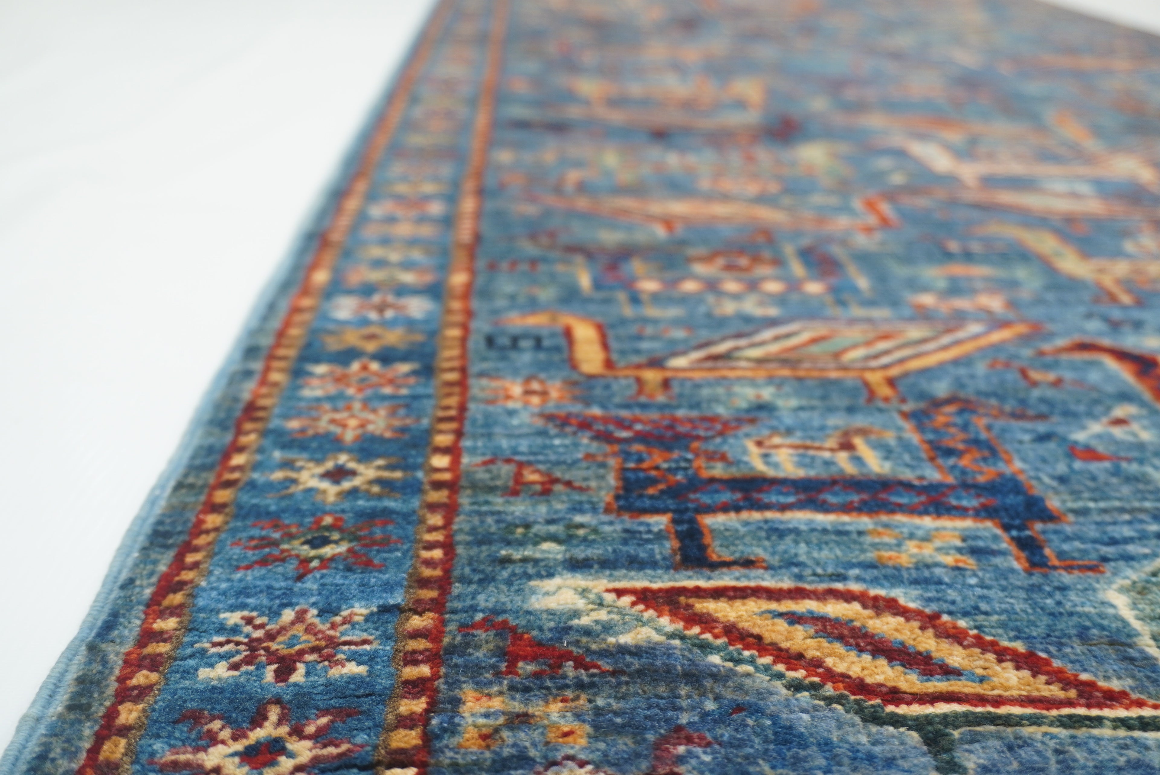 10 ft Blue Gabbeh Afghan Hand-Knotted Wool Runner Rug - Yildiz Rugs