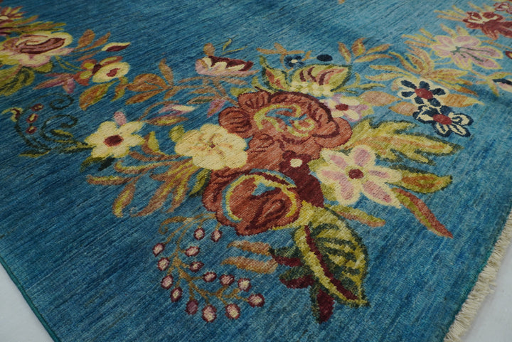 8x10 Blue Floral Karabagh Afghan Hand Knotted Rug