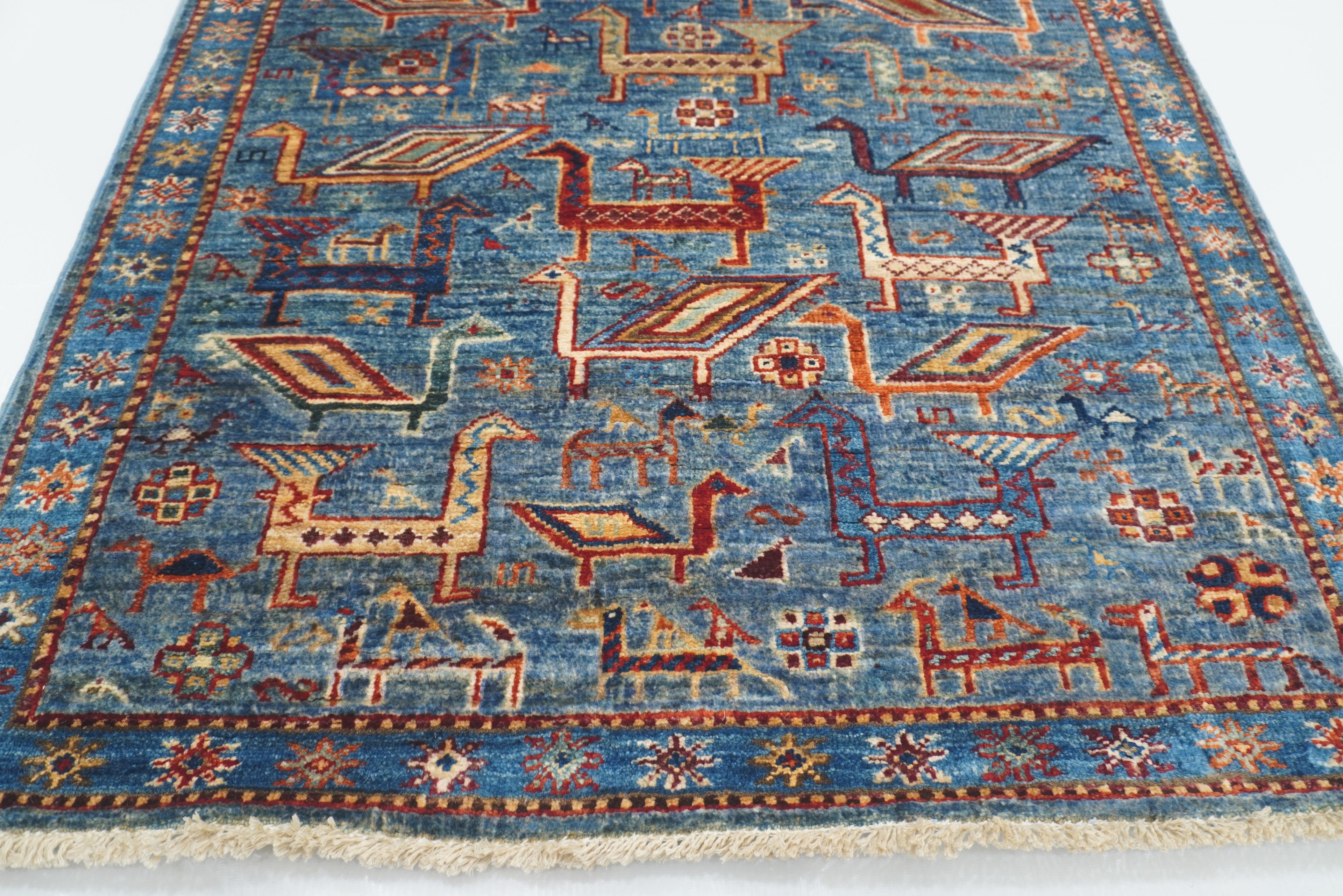 10 ft Blue Gabbeh Afghan Hand-Knotted Wool Runner Rug - Yildiz Rugs