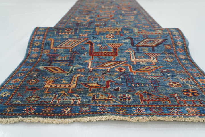 10 ft Blue Gabbeh Afghan Hand-Knotted Wool Runner Rug - Yildiz Rugs