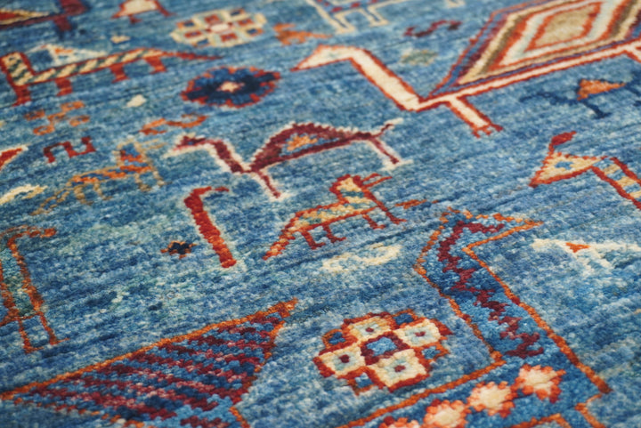 10 ft Blue Gabbeh Afghan Hand-Knotted Wool Runner Rug - Yildiz Rugs