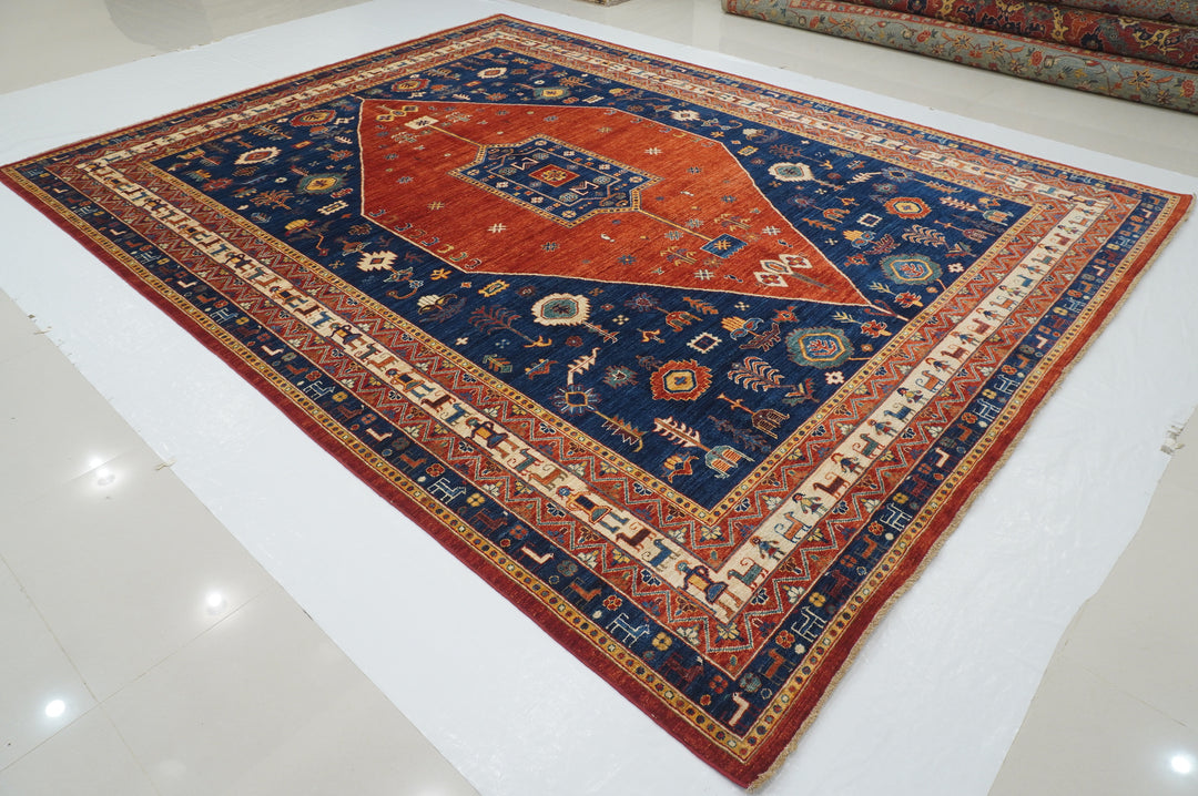 9x12 Red Navy Blue Tribal Gabbeh Nomad Qashqai Hand knotted Oriental Rug - Yildiz Rugs