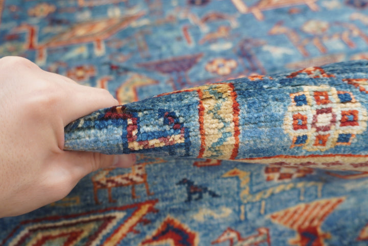 10 ft Blue Gabbeh Afghan Hand-Knotted Wool Runner Rug - Yildiz Rugs
