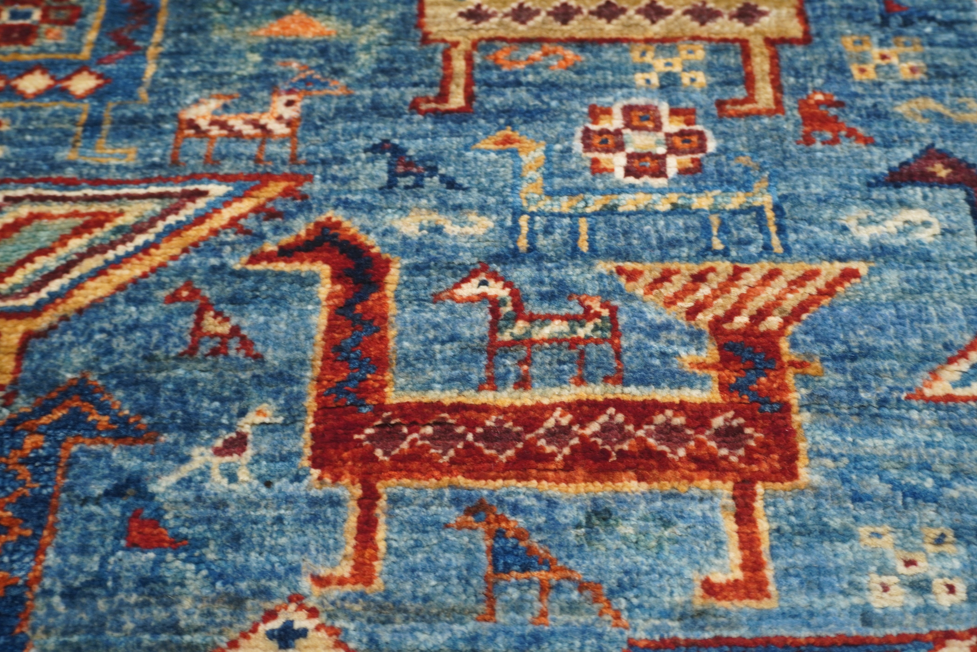 10 ft Blue Gabbeh Afghan Hand-Knotted Wool Runner Rug - Yildiz Rugs