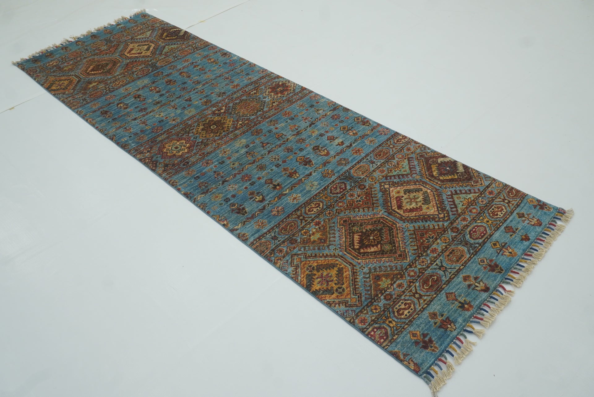 8 ft Blue Khorjin Afghan Hand Knotted Wool Runner Rug - Yildiz Rugs