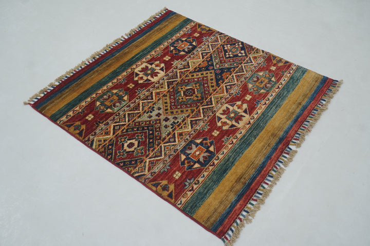 3x3 Red Tribal Afghan Handmade Square Rug