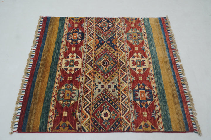 3x3 Red Tribal Afghan Handmade Square Rug