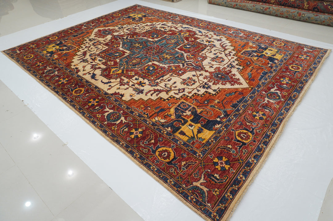 9x12 Red Beige Heriz Afghan Hand knotted Traditional Oriental Medallion Rug - Yildiz Rugs