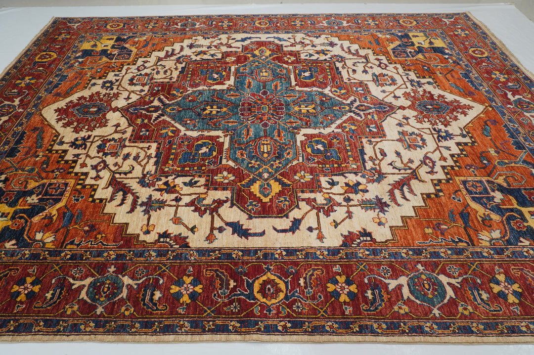 9x12 Red Beige Heriz Afghan Hand knotted Traditional Oriental Medallion Rug