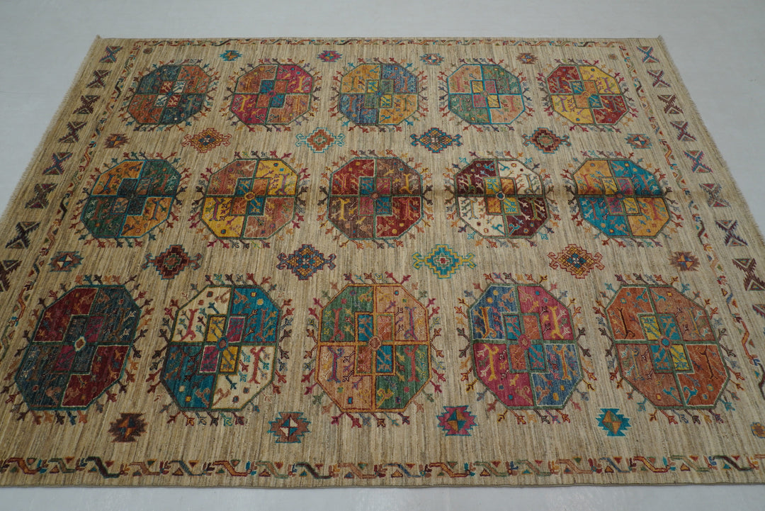 6x8 Beige Ersari Afghan Hand Knotted Rug