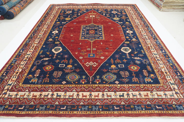 9x12 Red Navy Blue Tribal Gabbeh Nomad Qashqai Hand knotted Oriental Rug - Yildiz Rugs