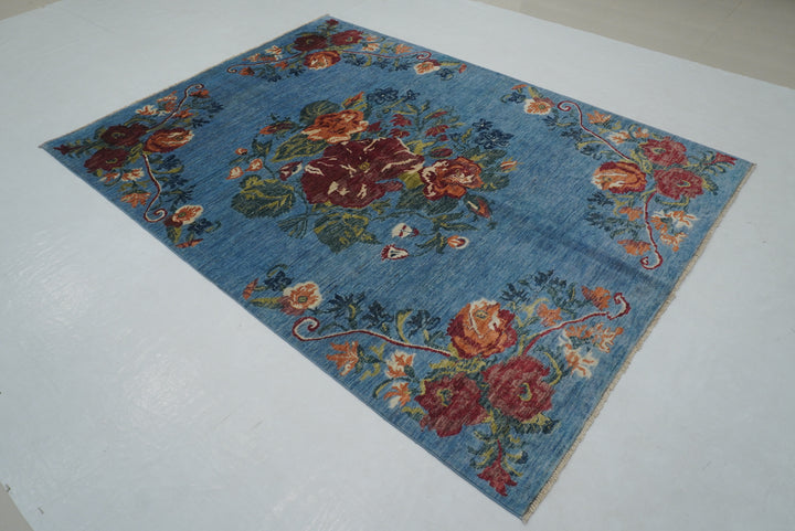 6x8 Blue Floral Karabagh Afghan Hand Knotted Rug