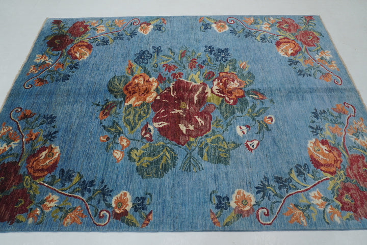 6x8 Blue Floral Karabagh Afghan Hand Knotted Rug