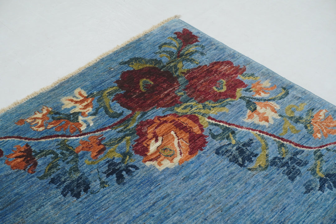 6x8 Blue Floral Karabagh Afghan Hand Knotted Rug