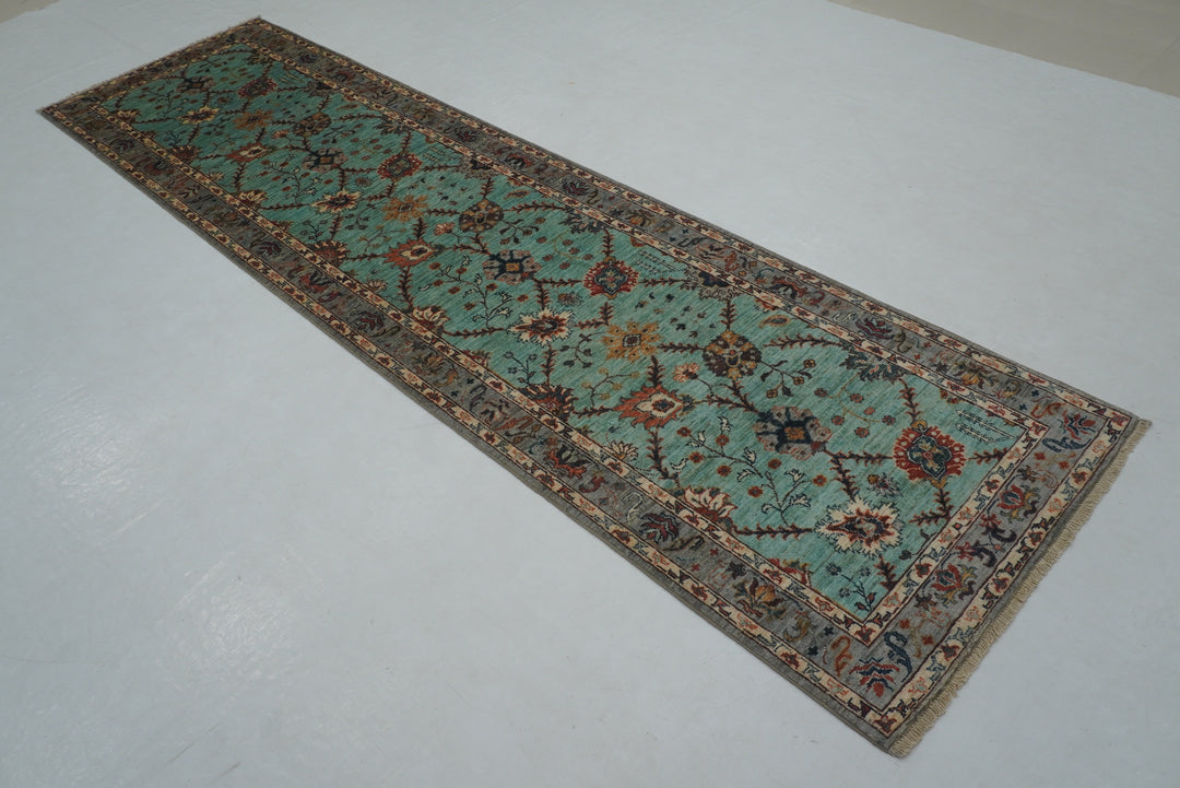 10 ft Turquoise Blue Waziri Afghan Hand knotted Runner Rug