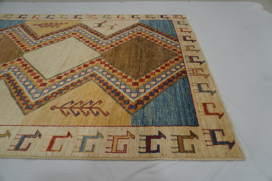 6x8 Beige Tribal Gabbeh Afghan Handmade Rug - Yildiz Rugs