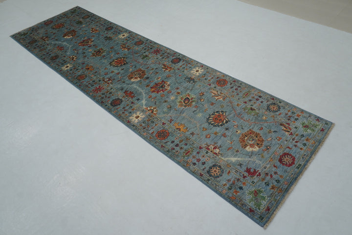 10 ft Soft Blue Waziri Afghan Hand knotted Runner Rug