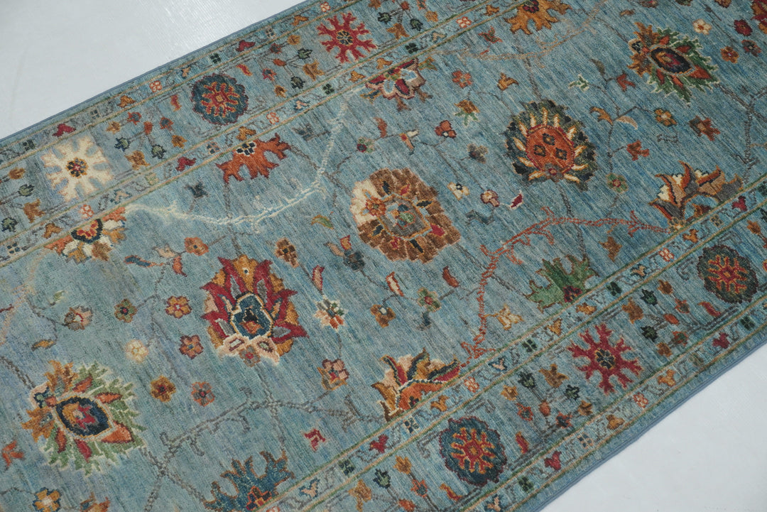 10 ft Soft Blue Waziri Afghan Hand knotted Runner Rug