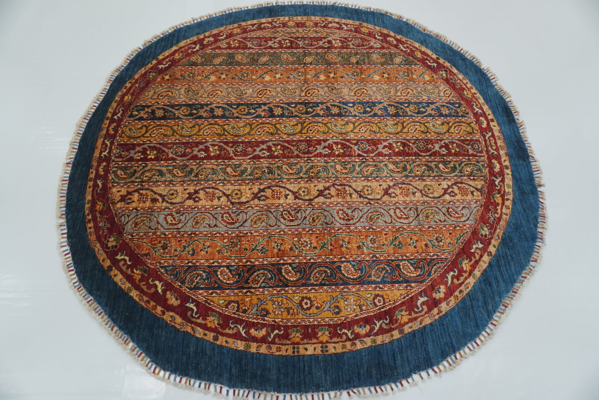 6'11"x7' Blue Afghan Hand-Knotted Round Rug