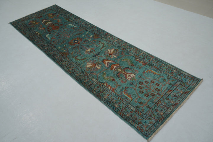 Sold 8 ft Turquoise Greenish Blue Waziri Afghan Hand knotted Runner Rug