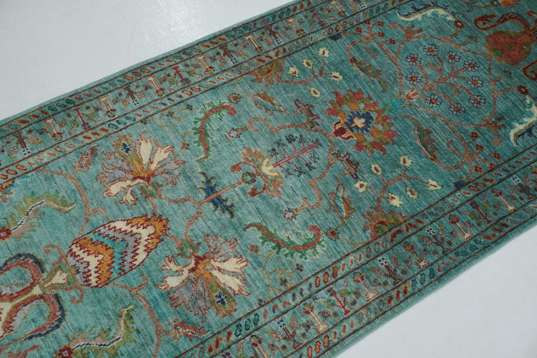 Sold 8 ft Turquoise Greenish Blue Waziri Afghan Hand knotted Runner Rug