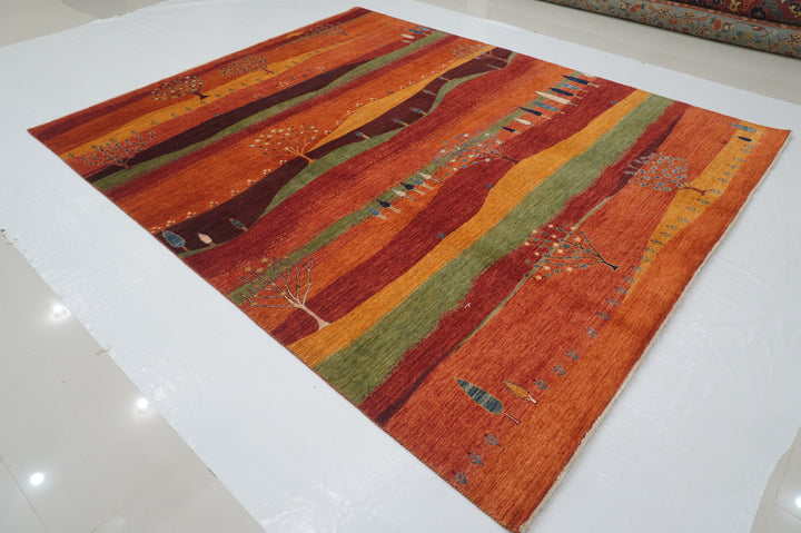 8x10 Rusty Red Orange Tribal Landscape Gabbeh Afghan Hand knotted Rug