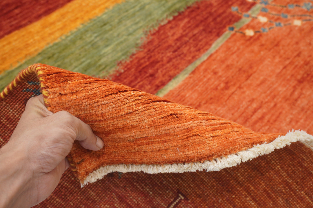 8x10 Rusty Red Orange Tribal Landscape Gabbeh Afghan Hand knotted Rug - Yildiz Rugs