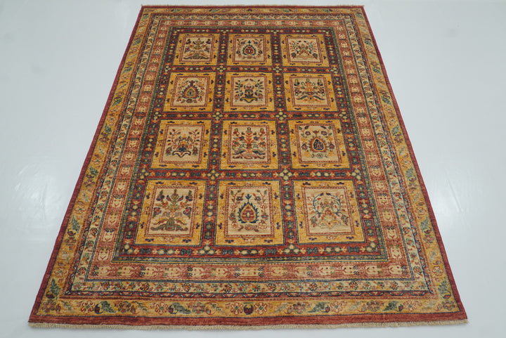 5x6 Red Beige Vintage Bakhtiar Afghan Hand knotted Rug - Yildiz Rugs