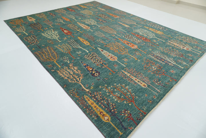 9x12 Green Gabbeh Afghan Hand-Knotted Wool Tree Rug - Yildiz Rugs